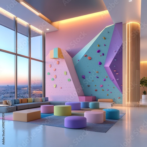 Nordic Kids' Climbing Wall Playground with Picture Windows and Soft Lighting in Modern Room