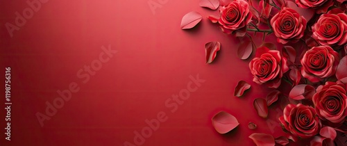 3d illustration of red roses on dark red background withcopy space, banner design, top view, high resolution photography,  photo