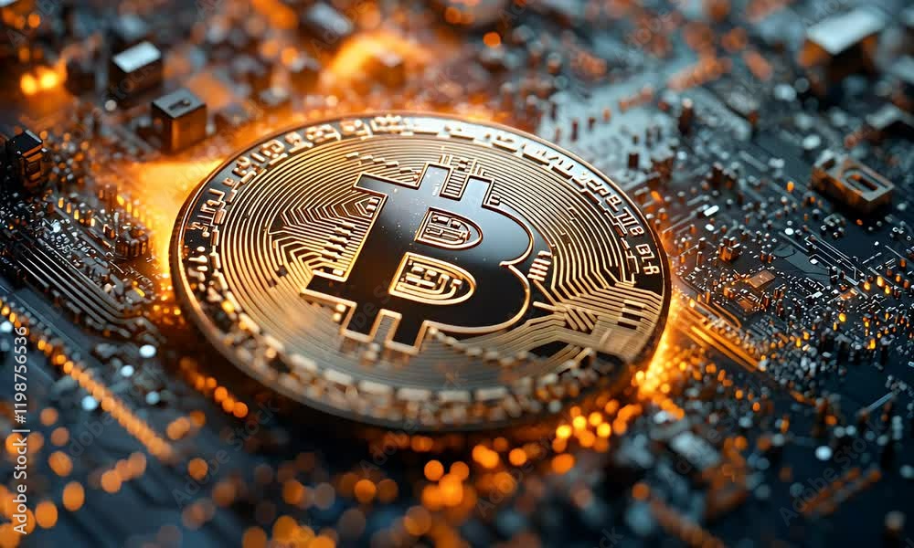 Glowing Bitcoin on circuit board, digital currency technology