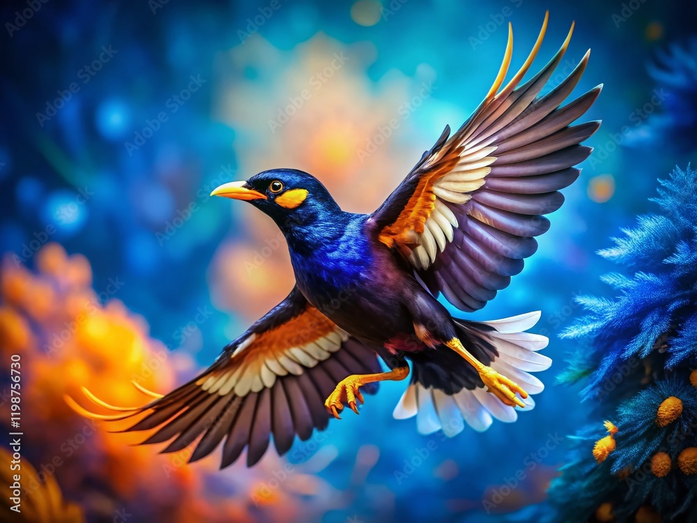 Fototapeta premium Surreal Myna Bird in Flight, Vibrant Blue Background - Stock Photo