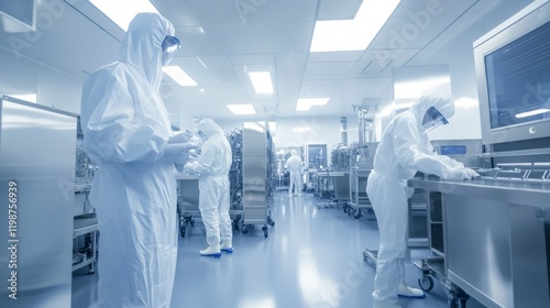 A modern semiconductor manufacturing cleanroom with engineers in protective suits working on silicon wafer fabrication under sterile conditions, Semiconductor cleanroom scene photo