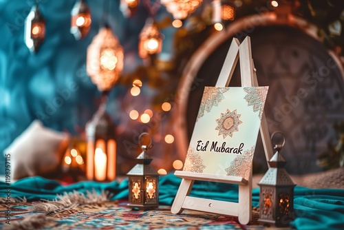 On a colorful background, a wooden easel and envelope bearing the words 