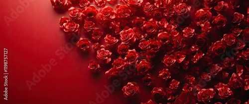 3d illustration of red roses on dark red background withcopy space, banner design, top view, high resolution photography,  photo