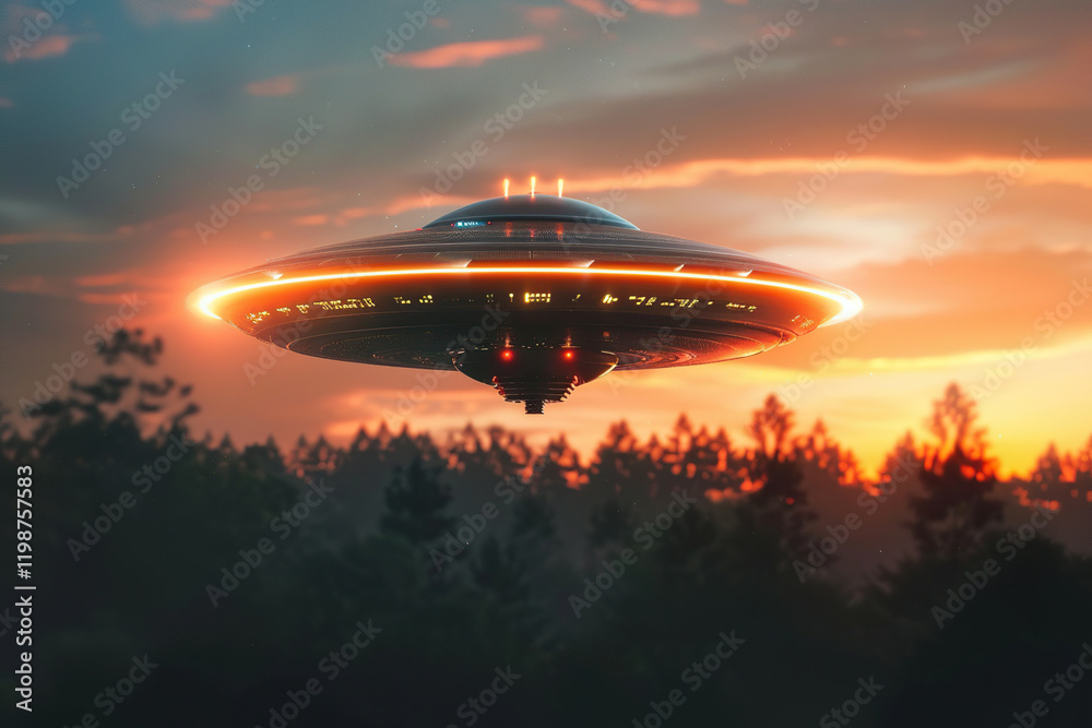 Iron oval UFO saucer hovering over beautiful landscape in deep dramatic sky, abstract vivid composition consists of fictional unreal fantastic vision on background Iron oval UFO saucer hovering over beautiful landscape in deep dramatic sky, abstract vivid composition consists of fictional unreal fantastic vision on background