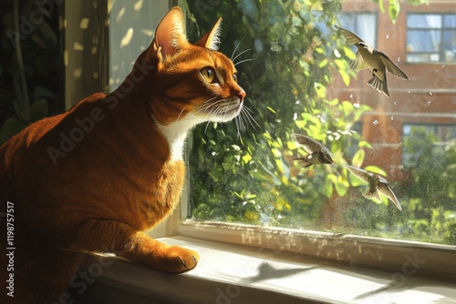 Abyssinian cat with sparrows focused in natural light scene