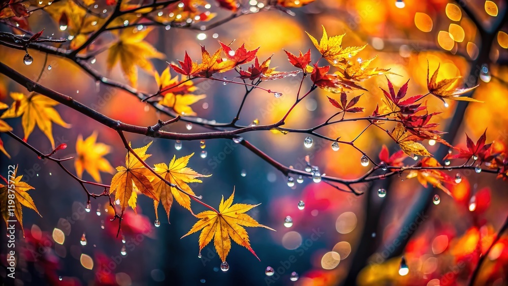 Surreal Rain-Kissed Autumn Leaves: Close-Up Macro Photography of Vibrant Yellow and Red Branches Surreal Rain-Kissed Autumn Leaves: Close-Up Macro Photography of Vibrant Yellow and Red Branches