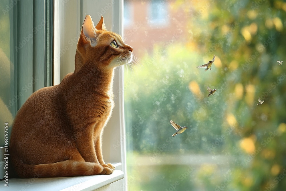 Fototapeta premium Abyssinian cat with sparrows focused in natural light scene