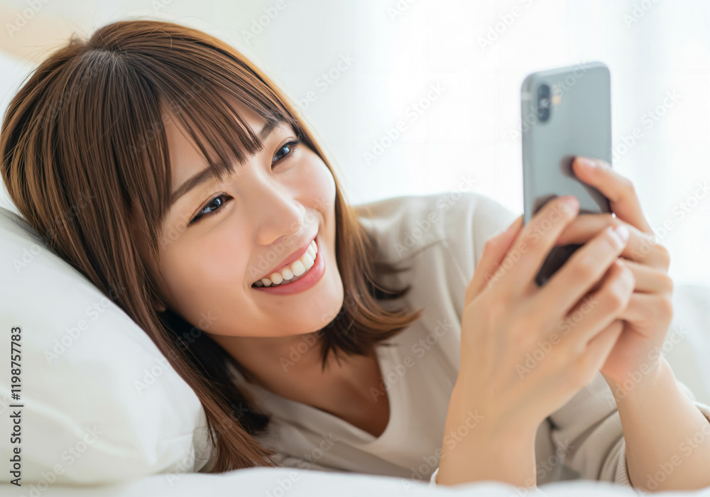寝転がってスマホを楽しそうに見る若い女性 寝転がってスマホを楽しそうに見る若い女性