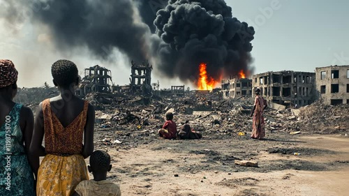 Aftermath of Destruction Children Witnessing Devastation, war, conflict, ruins, fire, smoke