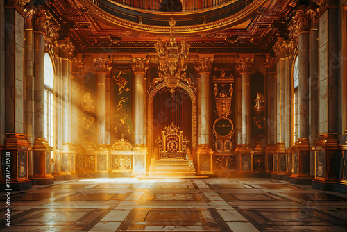 Fantastically beautiful throne of power of king or queen in throne room, abstract vivid composition consists of fictional unreal fantastic vision on background photo