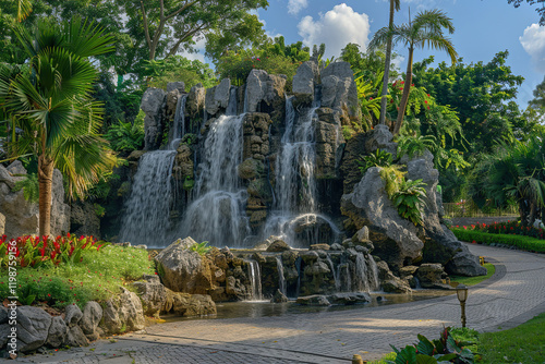 Fantastically beautiful fountain against backdrop of natural national park, abstract vivid composition consists of fictional unreal fantastic vision on background