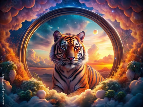 Surreal Tiger Stripe Round Frame: Dreamlike Wildlife Art photo