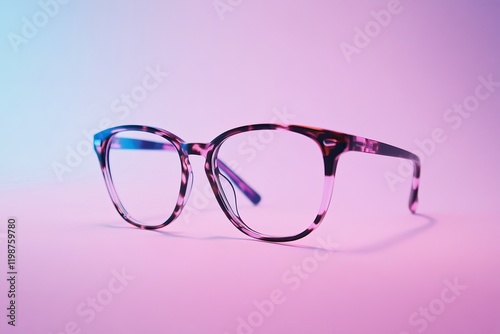 A pair of glasses with a pink frame. The glasses are a mix of pink and blue
