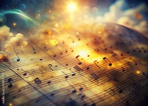 Surreal Vintage Music Sheet Background: Dreamlike Aged Paper Texture with Floating Notes