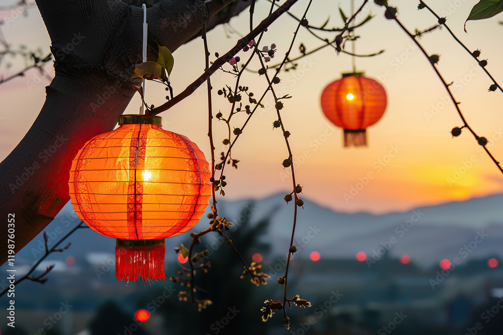 Obraz premium Beautiful holiday composition for happy celebrate chinese festival of lanterns, abstract vivid composition consists of fictional unreal fantastic vision on background