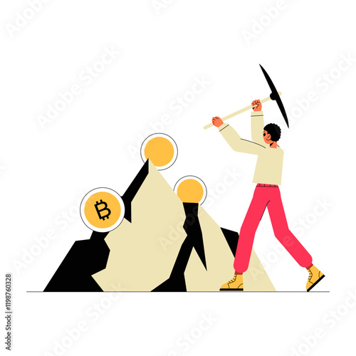 Male Character Mining Bitcoin On A Mountain With A Pickaxe In Flat Vector Illustration Symbolizing Cryptocurrency Mining, Isolated On White Background.