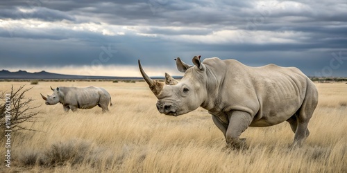 Two white rhinoceros, rhino portrait, wildlife safari and game drive in the Kalahari desert of Namibia, Africa photo