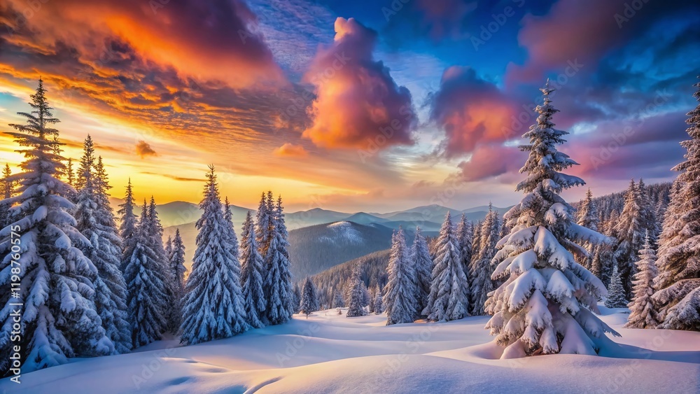 Surreal Winter Wonderland: Majestic Snow-Covered Fir Trees in Mountains Surreal Winter Wonderland: Majestic Snow-Covered Fir Trees in Mountains