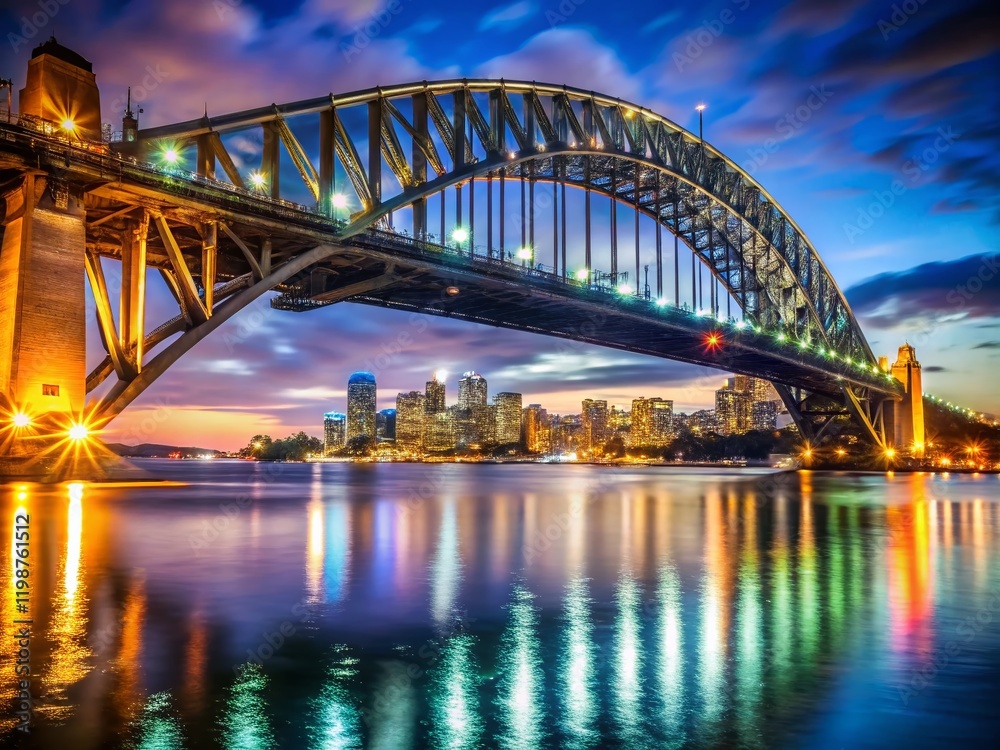 Fototapeta premium Sydney Harbour Bridge Night Reflection Macro Photography Stock Photo