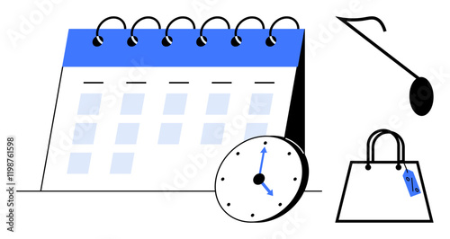 Calendar with spiral binding, clock showing time, a shopping bag with a tag, and eye dropper. Ideal for time management, organization, retail, shopping health planning and productivity. Abstract