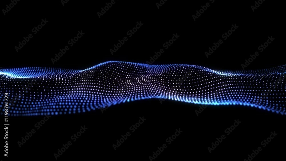 Abstract blue dotted wave pattern on black background for futuristic