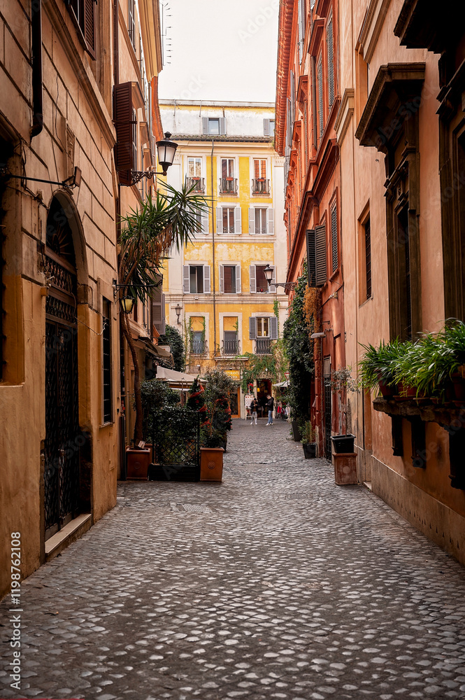 Obraz premium Narrow cobblestone street with colorful walls and plants
