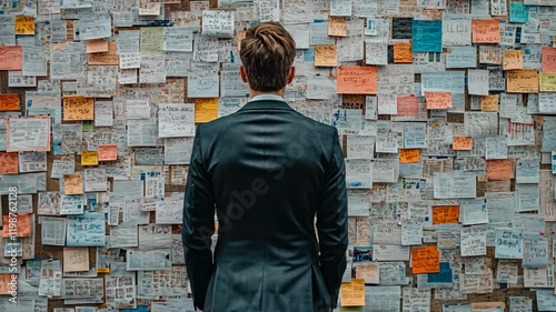 Businessman Overwhelmed by Information on a Wall of Sticky Notes, back, rear view, information overload, post-it notes, paperwork
