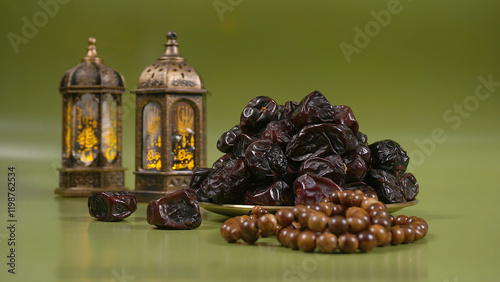 Kurma, prayer beads, and two lanterns isolated on green background. Ramadan, Eid mubarak concept photo