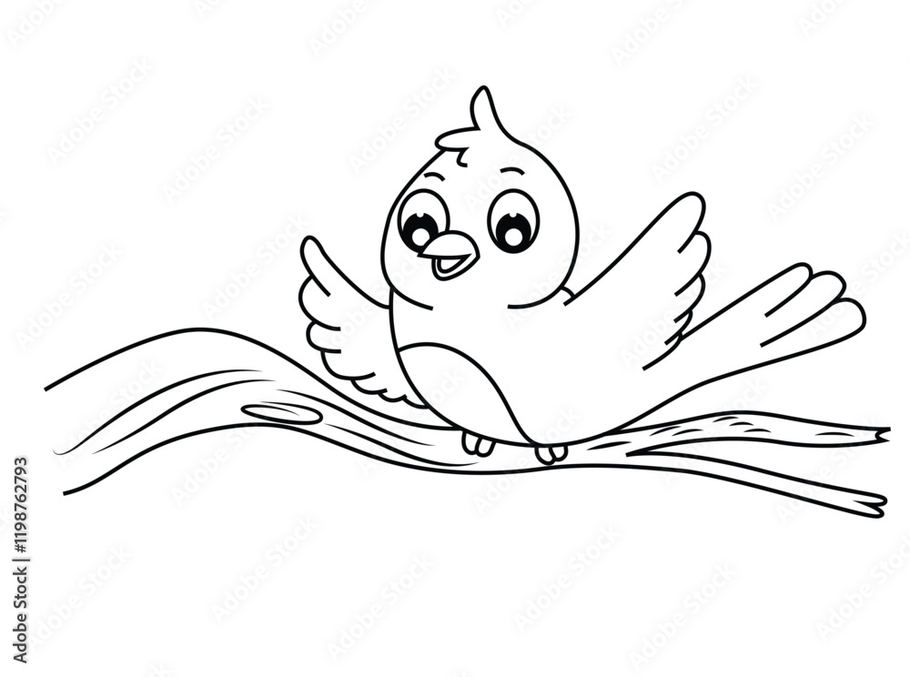 Fototapeta premium Cute cartoon hand drawn vector funny baby bird sitting on tree branch coloring page.