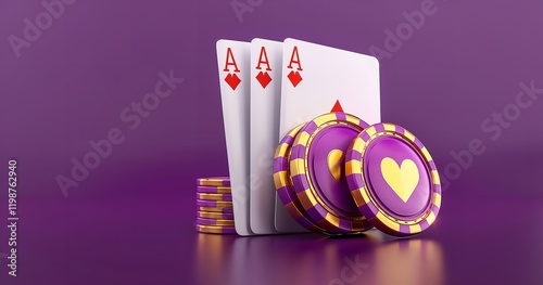On a purple background, a stylized purple and gold casino chip is displayed with a royal flush, the highest-ranking poker hand, including a hearts suit. 3D, Generative AI.