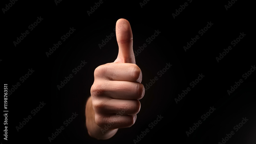 A close-up of a hand extended forward, making the OK sign with the thumb up, against a softly lit black background. The gesture conveys positivity and affirmation. A close-up of a hand extended forward, making the OK sign with the thumb up, against a softly lit black background. The gesture conveys positivity and affirmation.