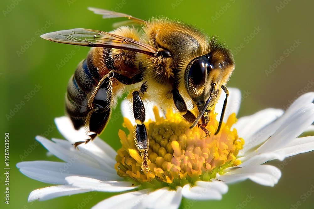 On a green background, a bee is seen closely gathering nectar from a tiny white bloom, Generative AI. On a green background, a bee is seen closely gathering nectar from a tiny white bloom, Generative AI.