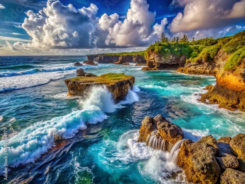 Tinian Island Coastline: Dramatic Waves Crashing on Coral Reefs and Rock Pools