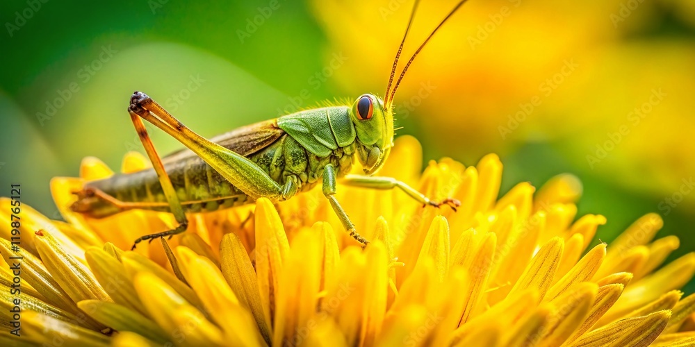 Fototapeta premium Tiny Grasshopper on Yellow Dandelion Flower - Macro Closeup 4K Stock Photo