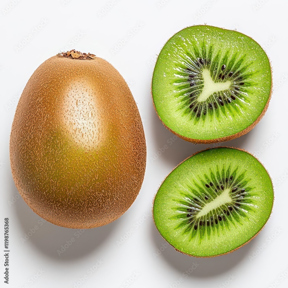 A photostock of a golden-brown kiwi fruit with one half sliced to reveal the green flesh, isolated on a white background, fresh and appetizing, High Quality