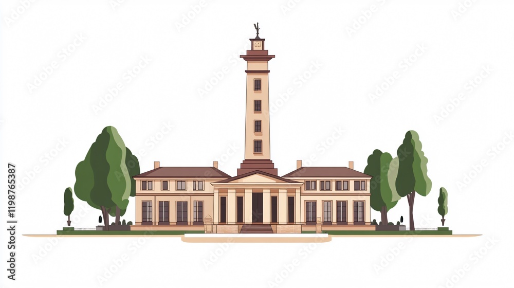 Obraz premium Majestic Building with Towering Spire: A Captivating Illustration of Architectural Grandeur and Urban Landscape