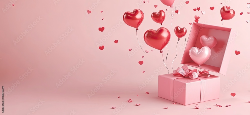 3D rendering Valentine's Day banner template with an open gift box and heart-shaped balloons on a pink background. 3D rendering Valentine's Day banner template with an open gift box and heart-shaped balloons on a pink background.