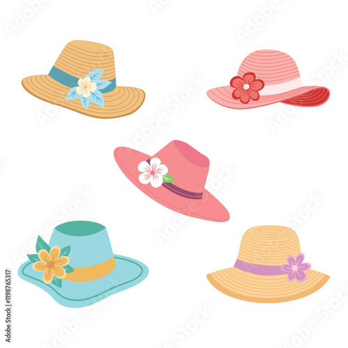 Set of Beautiful Summer Beach Woman Hat Headgear Fashion with Flower Decoration