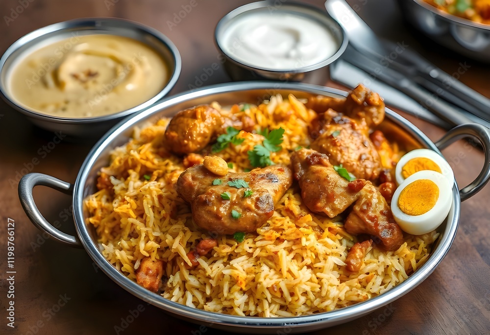 A Spicy Indian Biryani With Fragrant Basmati Rice, Tender Chicken, And Rich Spices, Served With A Side Of Raita And A Boiled Egg A Spicy Indian Biryani With Fragrant Basmati Rice, Tender Chicken, And Rich Spices, Served With A Side Of Raita And A Boiled Egg