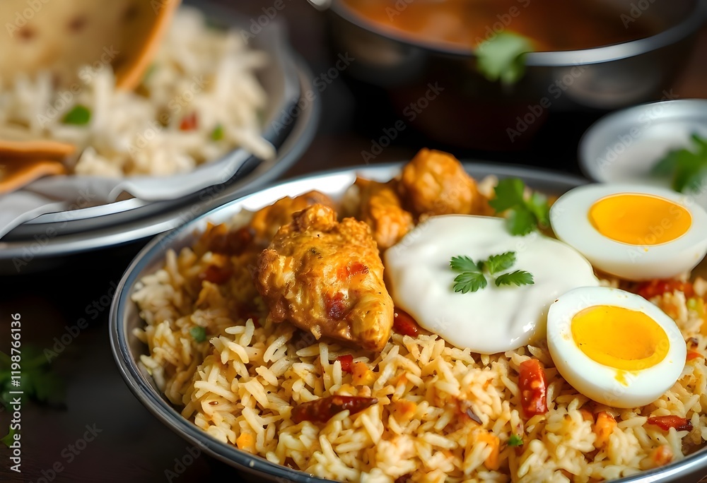 A Spicy Indian Biryani With Fragrant Basmati Rice, Tender Chicken, And Rich Spices, Served With A Side Of Raita And A Boiled Egg A Spicy Indian Biryani With Fragrant Basmati Rice, Tender Chicken, And Rich Spices, Served With A Side Of Raita And A Boiled Egg