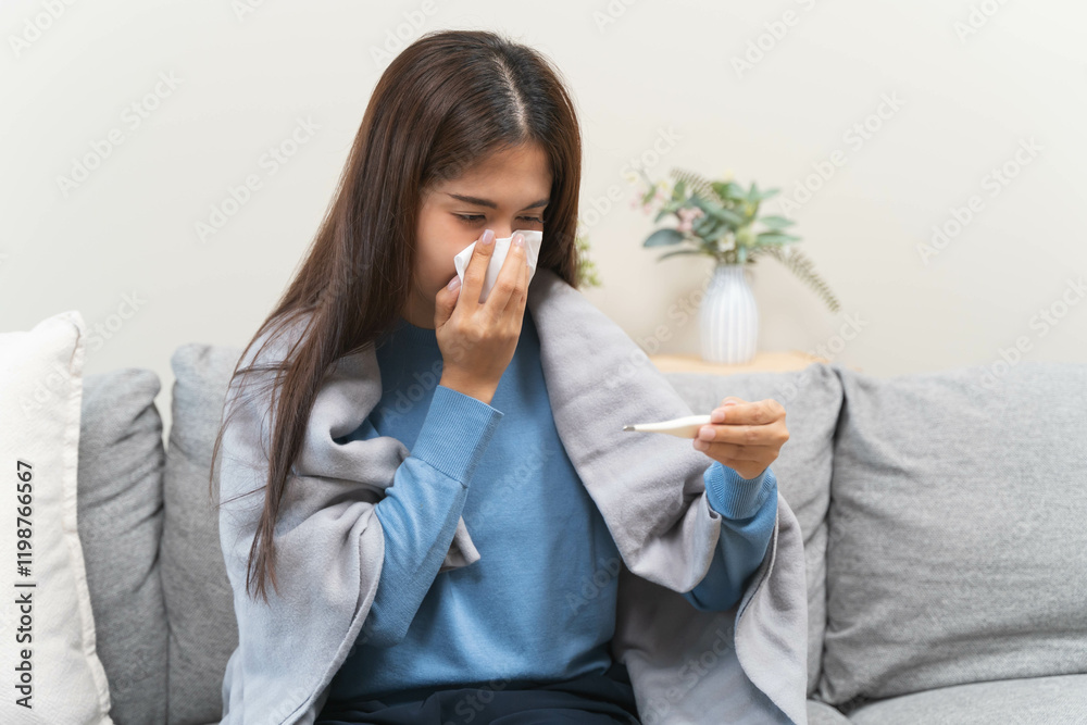 flu in winter season concept, Asian young woman checking her body temperature feeling exhausted from fever at home
