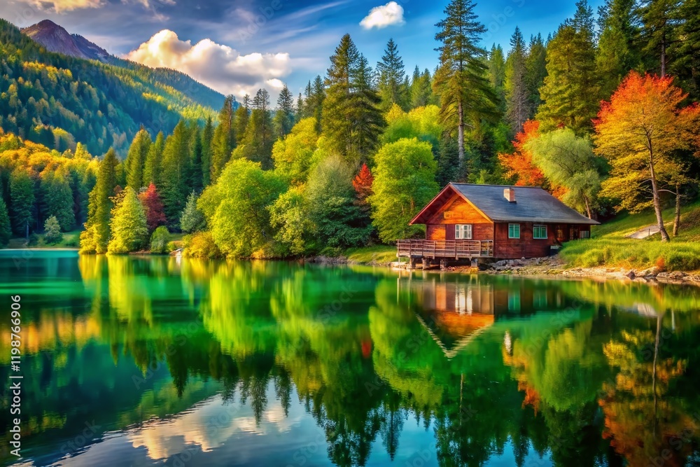 Fototapeta premium Tranquil Lake Cabin Panoramic: Serene Lakeside Retreat with Stunning Reflections