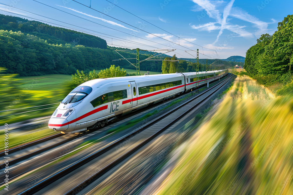 Fototapeta premium Modern big high-speed train in fast motion passes through railway stations, abstract vivid composition consists of fictional unreal fantastic vision on background
