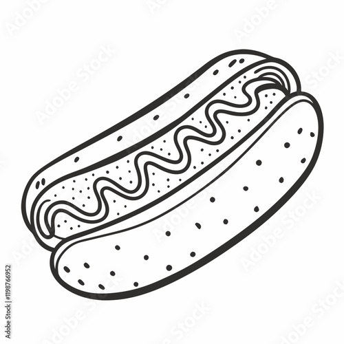 Simple Line Art of a Hot Dog with Mustard in a Bun Minimalist Food Illustration