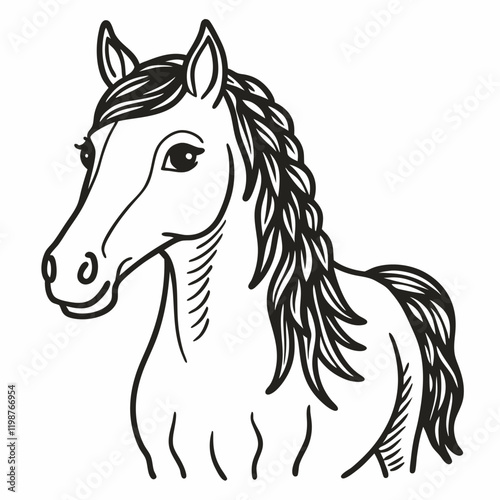 Elegant Black and White Horse Portrait Illustration with Flowing Mane photo