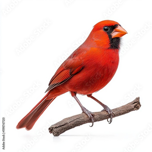 A photostock of a red cardinal bird perched with its bright feathers, isolated on a clean white background, striking and colorful, High Quality