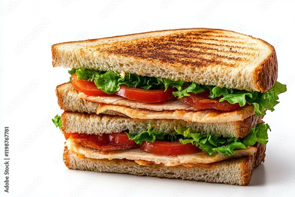 Sandwich with layers of meat and lettuce on a wooden cutting board ready to be served Sandwich with layers of meat and lettuce on a wooden cutting board ready to be served