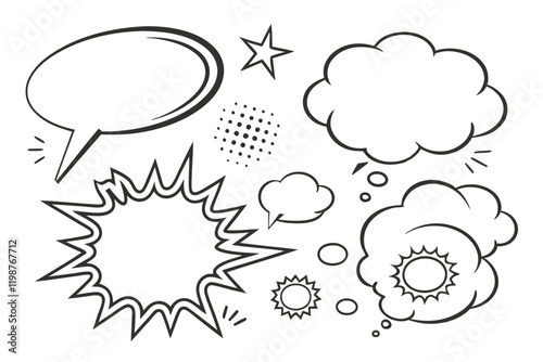 Speech bubbles, comic book style, empty dialog boxes, conversation template, communication icons, white background, black outlines, various shapes and sizes, minimalist design, clean lines, thought ba