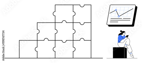 Woman sitting with tablet, data chart showing rising trend, stacked puzzle pieces forming pyramid. Ideal for presentations, strategy planning, data analysis, teamwork, problem-solving, business