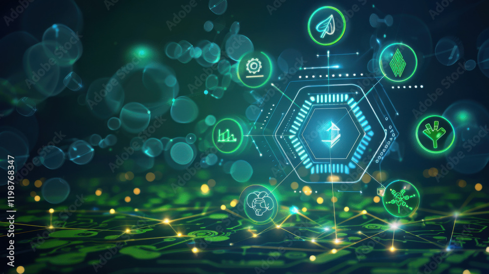Obraz premium Modern Technology Concept with Green and Blue Background. Illustration of Eco-Friendly Digital Interface.